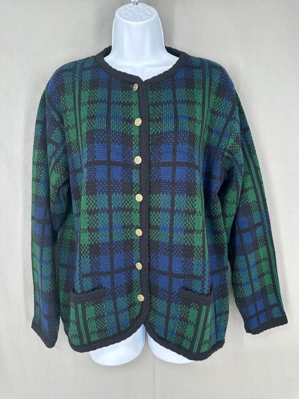 90s Vintage Cardigan Sweater Womens Large Blue Tartan Plaid Green Gold Buttons
